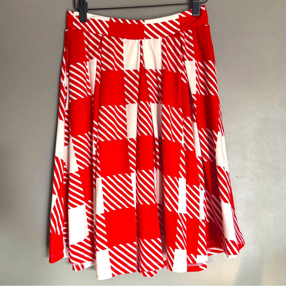 LuLaRoe Plaid Red and White Pleated Madison Skirt